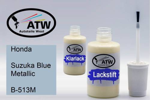 Honda, Suzuka Blue Metallic, B-513M: 20ml Lackstift + 20ml Klarlack - Set, von ATW Autoteile West.